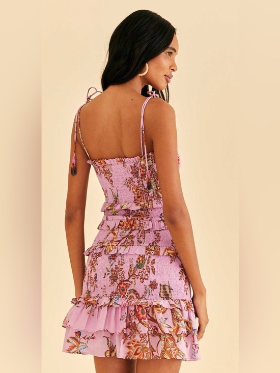 FARM Rio Dresses & Skirts - FARM Rio Lavender Floral Smocked Mini Dress Beaded Tie Straps Ruffle Boho purple